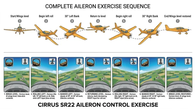 Complete aileron exercise -- 7-step cockpit view sequence