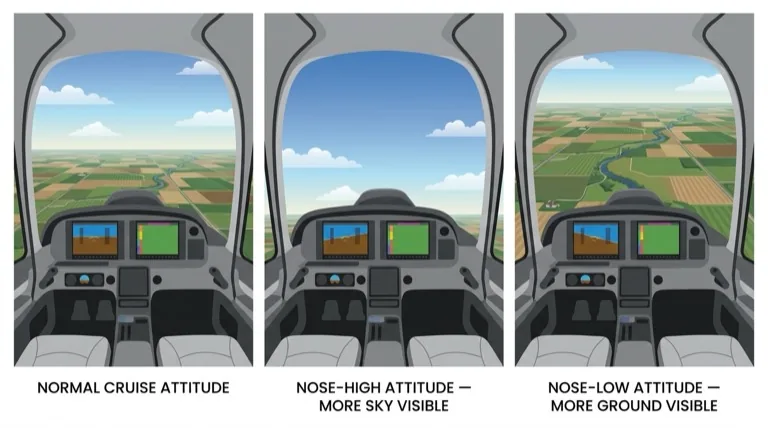 Normal, nose-high, and nose-low attitudes as seen from cockpit