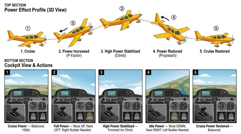 Power changes cause pitch and yaw; 5-step exercise