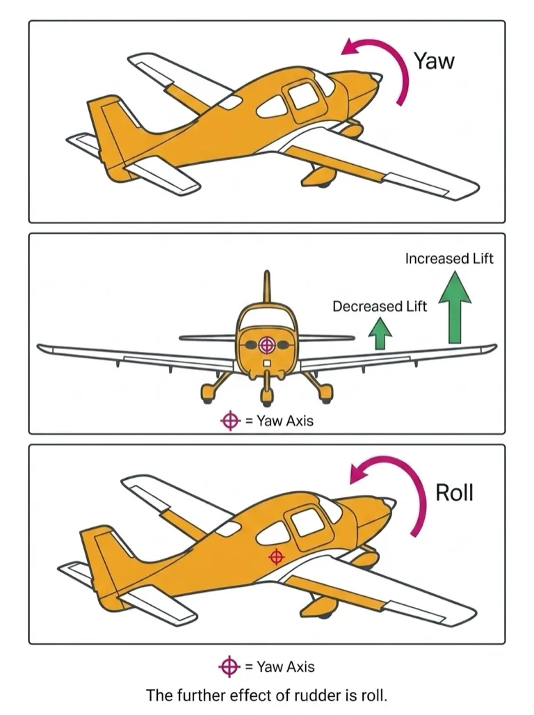Further effect of rudder -- yaw causes differential wing speed, then roll