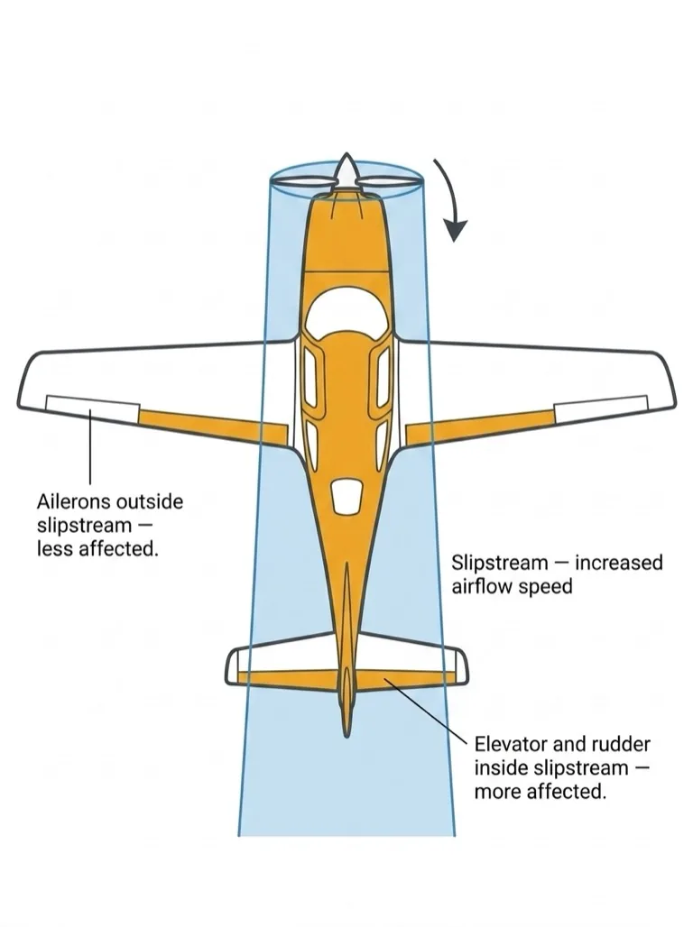Propeller slipstream tube affects elevator/rudder more than ailerons
