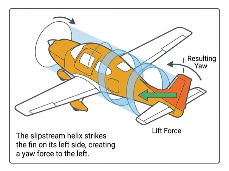 Propeller slipstream helix strikes fin from the left, causing left yaw
