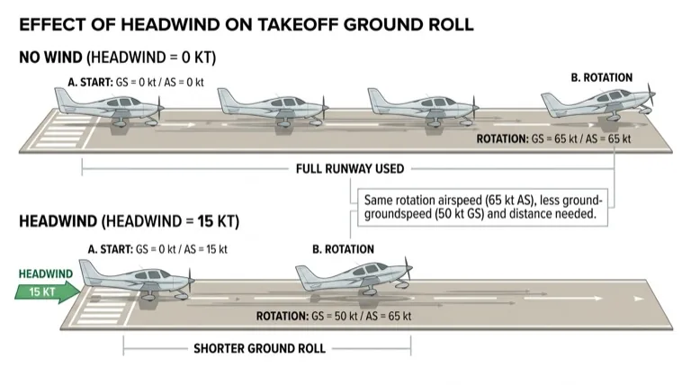 Headwind reduces groundspeed needed for rotation