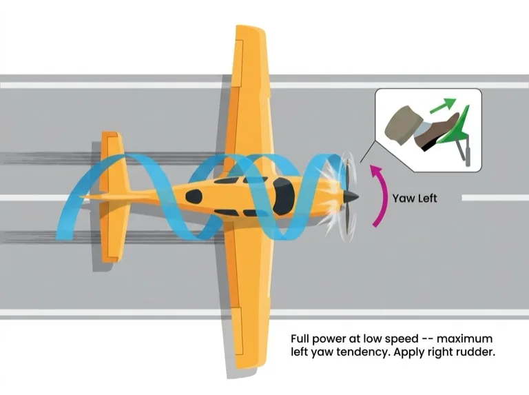 Slipstream causes left yaw at high power/low speed