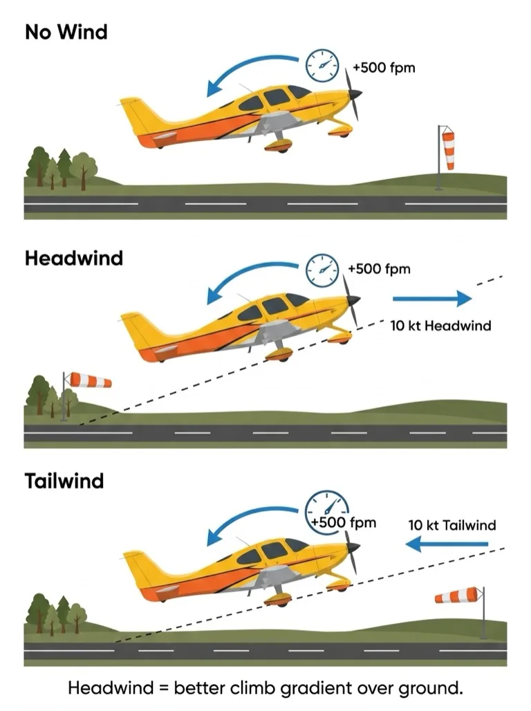 Headwind improves climb gradient; tailwind worsens it