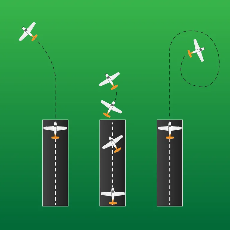 Three engine failure scenarios from the runway — straight ahead landing, modified pattern, and 360-degree overhead return