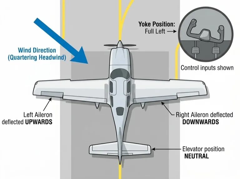 Control positions for quartering headwind from the left