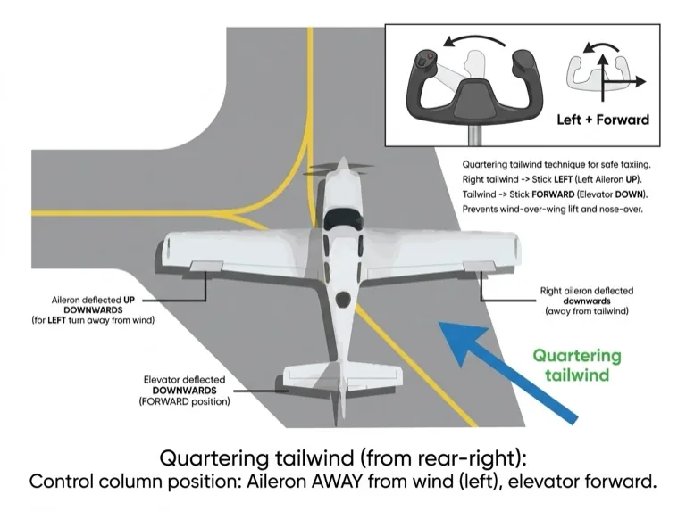 Control positions for quartering tailwind from the right