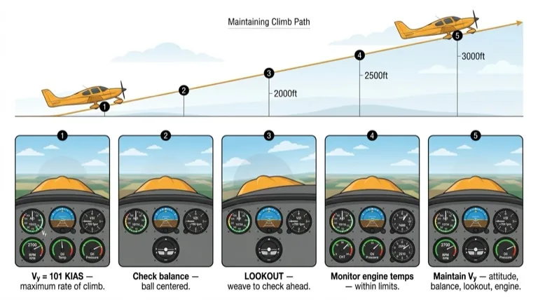 Maintaining a climb -- airspeed, balance, lookout