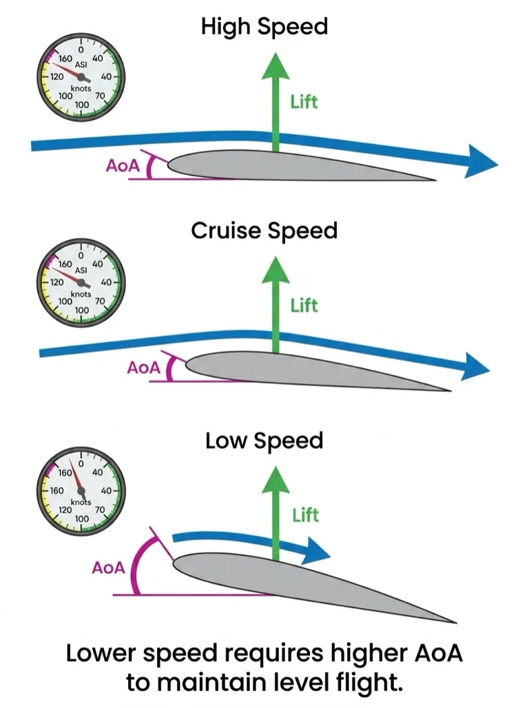 Relationship between airspeed and angle of attack for level flight