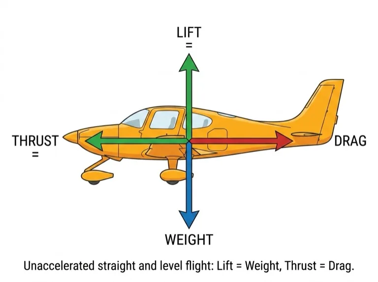 Force equilibrium: L=W, T=D
