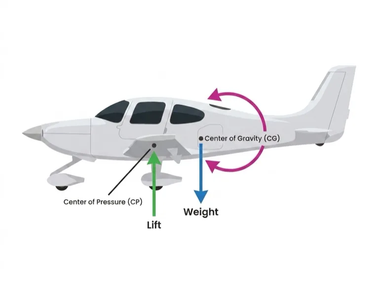 Lift-weight couple produces pitch-down tendency