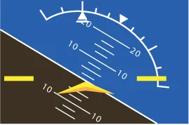 Attitude indicator showing approximately 20-25 degree right bank with the aircraft symbol below the horizon bar