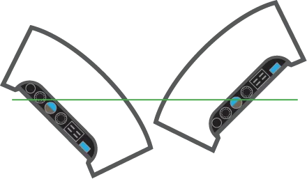 Two cockpit views comparing steep left bank and steep right bank attitudes from the pilot's perspective