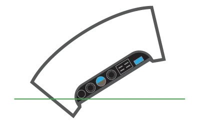 Cockpit view during a steep left bank — the horizon cuts sharply across the windscreen from lower left to upper right