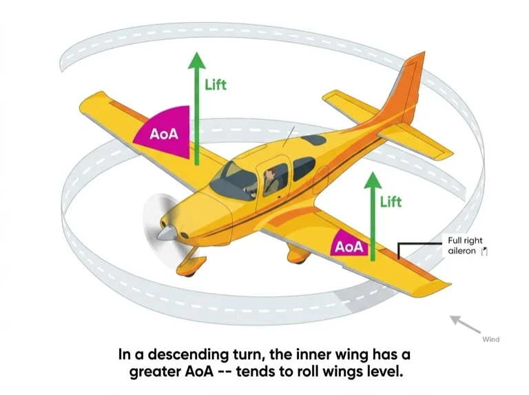 In a descending turn, inner wing has greater AoA