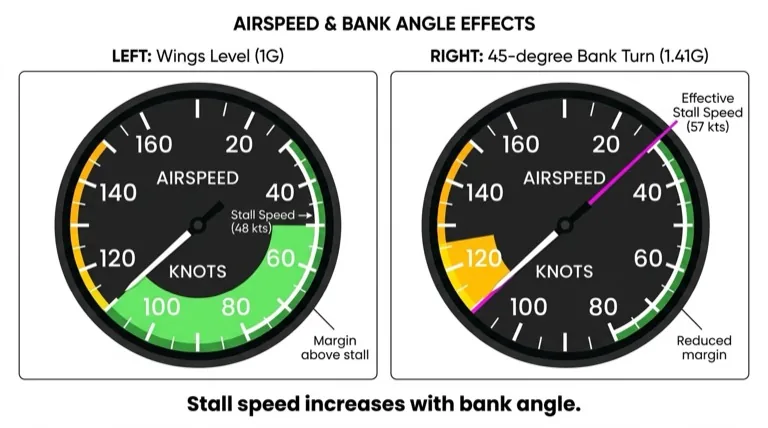 Stall speed increases in a turn due to load factor