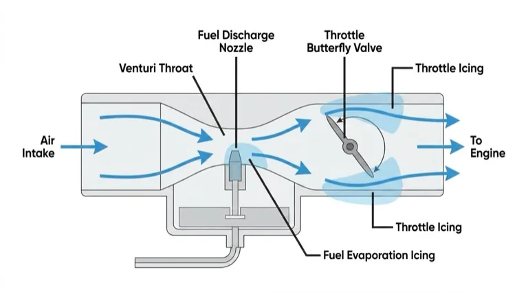 Where carburetor ice forms (throttle valve and discharge nozzle)