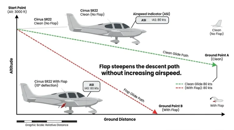 Flap steepens descent angle without changing airspeed