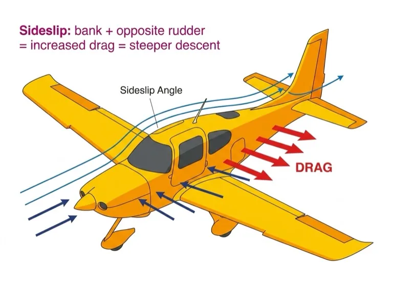 Sideslipping increases drag to steepen descent