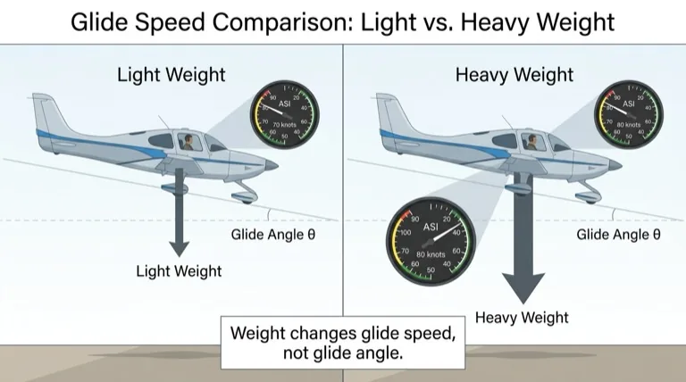 Weight does not change glide angle but changes glide airspeed