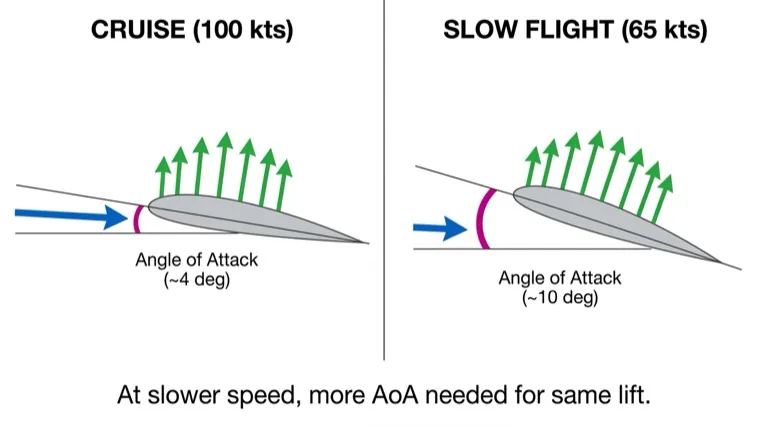 Higher AoA at slow speed to maintain lift
