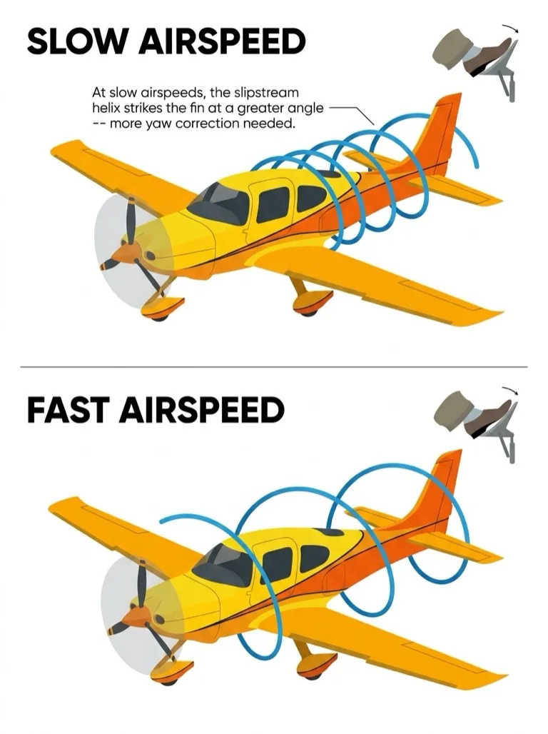 Tighter slipstream helix at slow speed causes more yaw