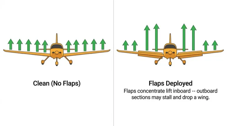 Flaps alter spanwise lift distribution, making wing drop more likely