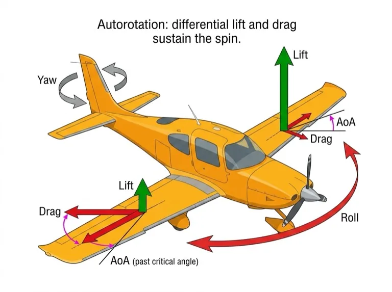 Down-going wing stalled (more drag, less lift) vs up-going wing