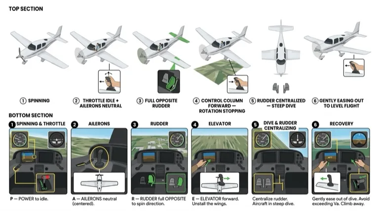 Full spin recovery: opposite rudder, pause, forward stick, centralize, ease out