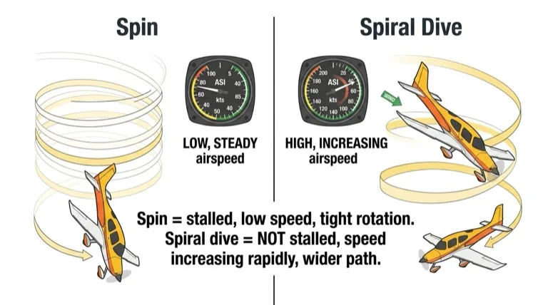 Spin (tight, low speed) vs spiral dive (wide, increasing speed)